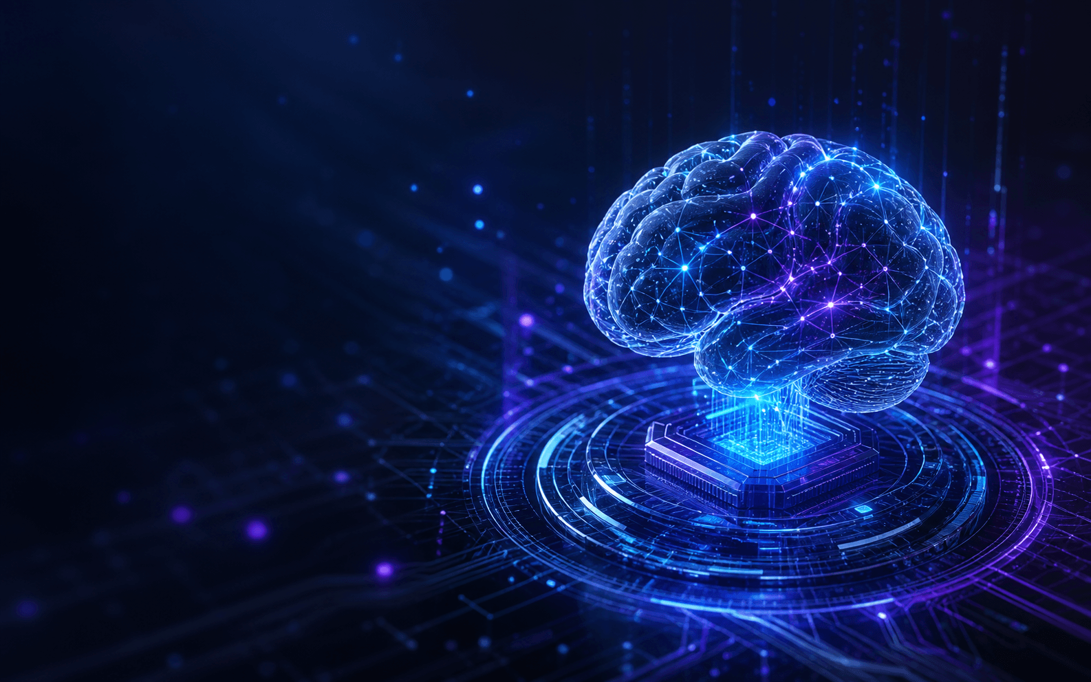 Glowing AI neural brain and intelligent chip network in a deep futuristic data universe