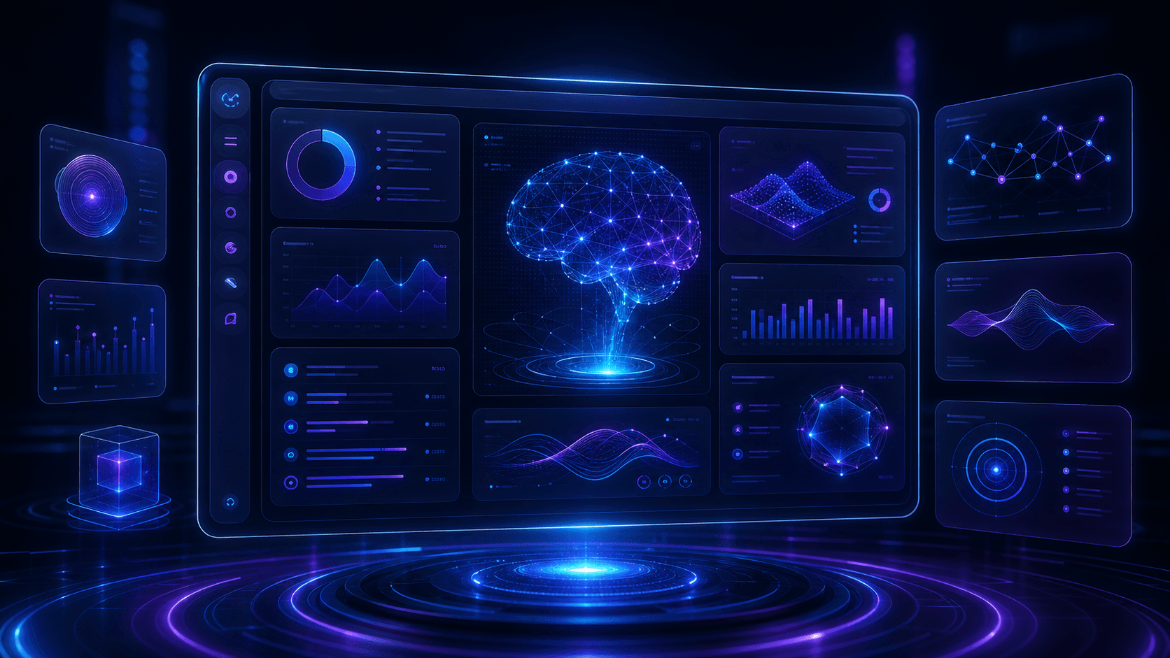 Futuristic AI software dashboard with holographic analytics panels