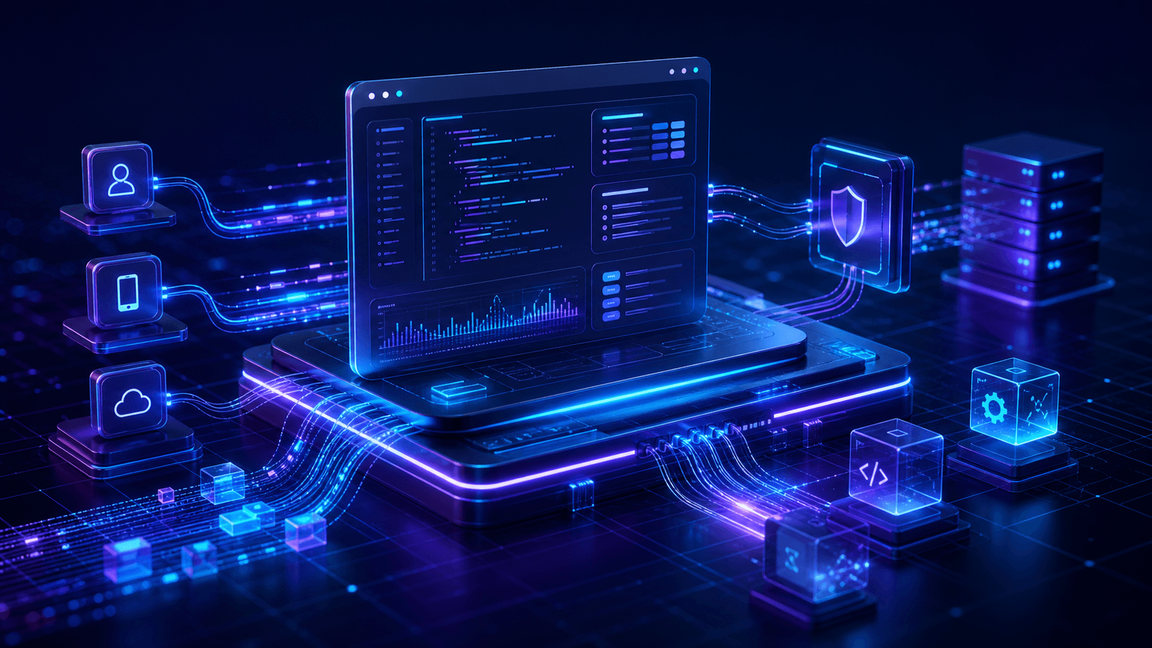 Futuristic API developer platform with connected endpoints and code streams