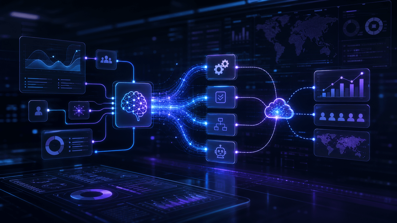 Enterprise AI automation workflow dashboard connected by luminous data lines