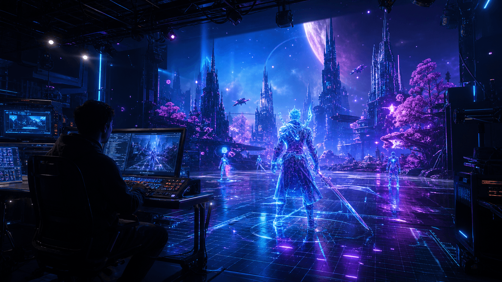 Futuristic virtual game world with holographic real-time rendering visuals