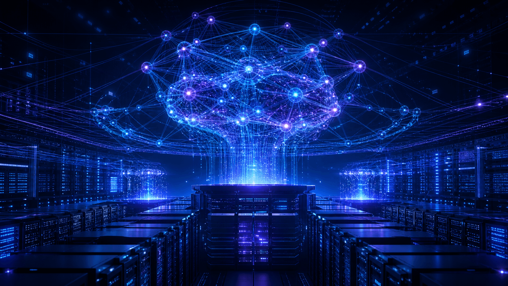 Large language model training core above futuristic GPU data center